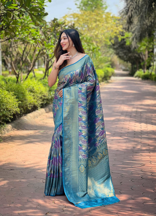 Attractive Kanchipattu Silk Sky Color Saree