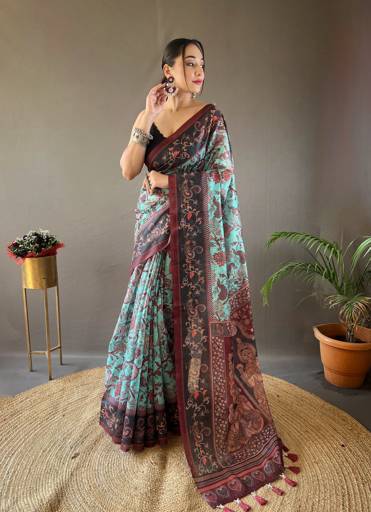 Unique Italian Digital Print Cotton Sky Blue Color Saree