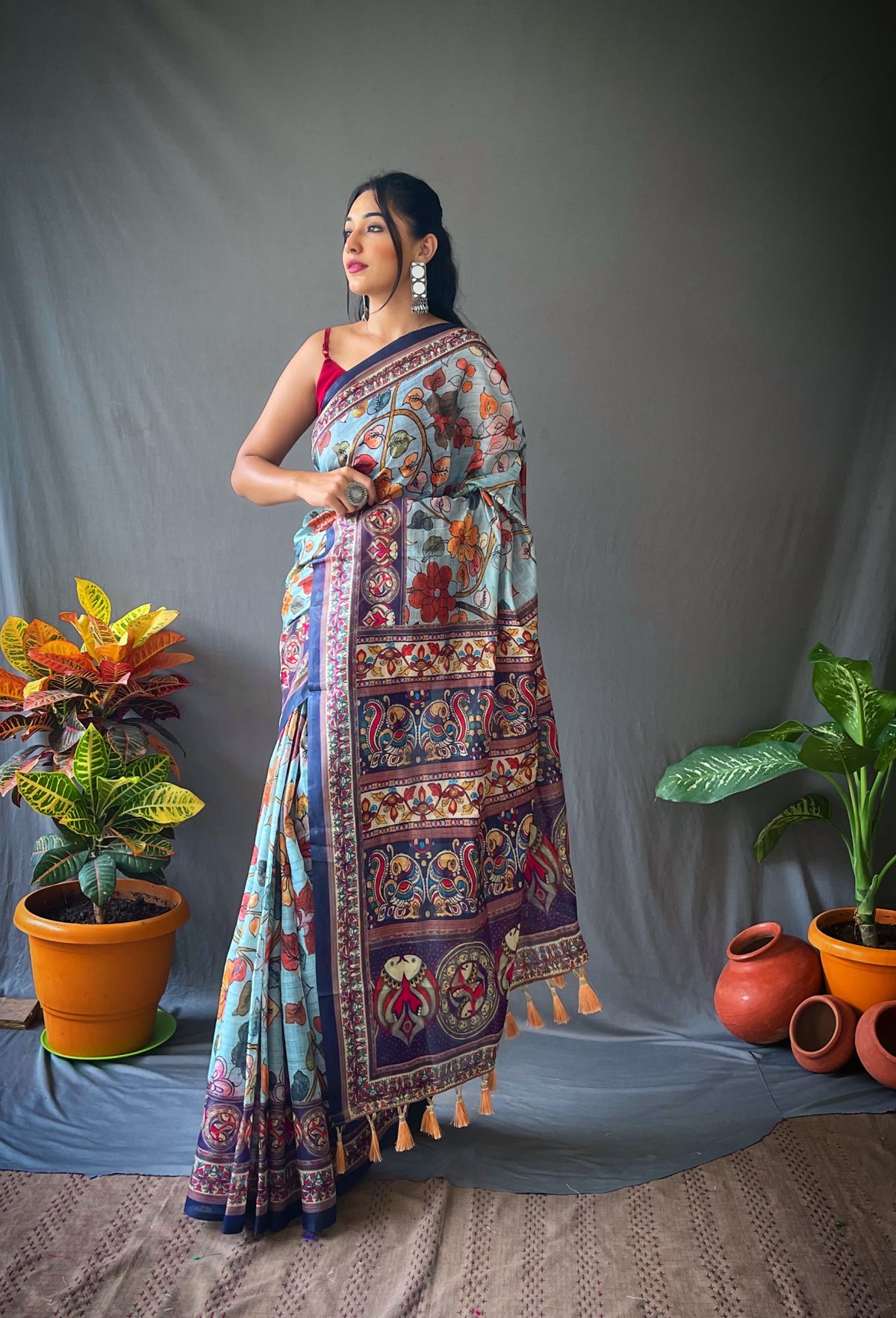 Captivating Digital Printed Cotton Sky Color Saree