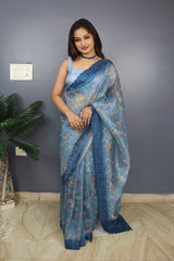 Beautiful Sky Blue Organza Silk Kalamkari Print Saree