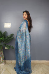 Beautiful Sky Blue Organza Silk Kalamkari Print Saree