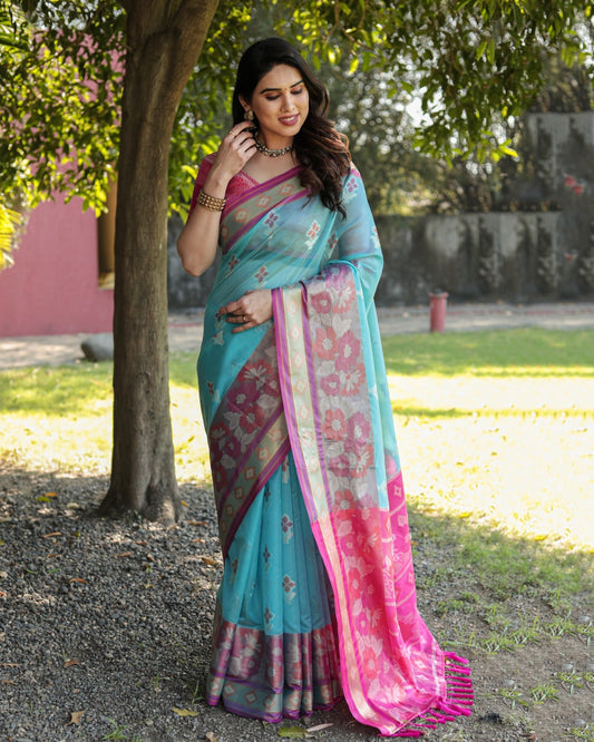 Festive Wear Sky Blue Color Designer Organza Saree