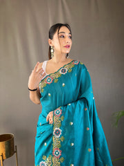 Awesome Teal Blue Color Matka Silk Saree