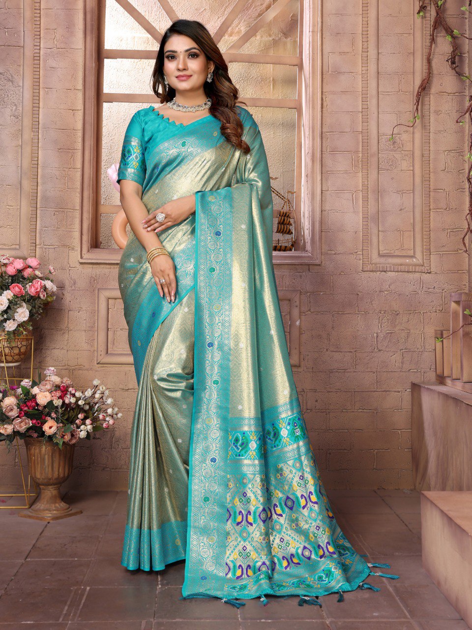 Wedding Wear Pista And Teal Blue Colour Paithani Banarasi Tissue Silk Sarees