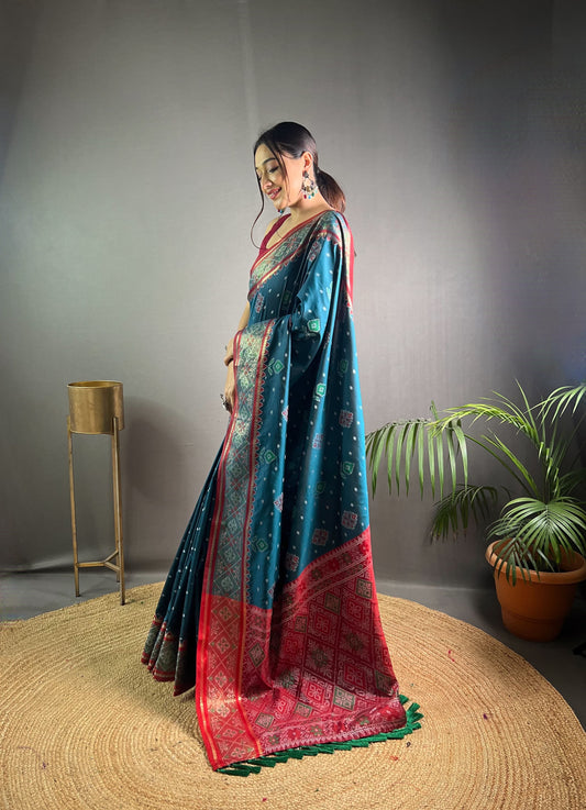 Preferable Teal Blue Color Rangeen Patola Silk Saree