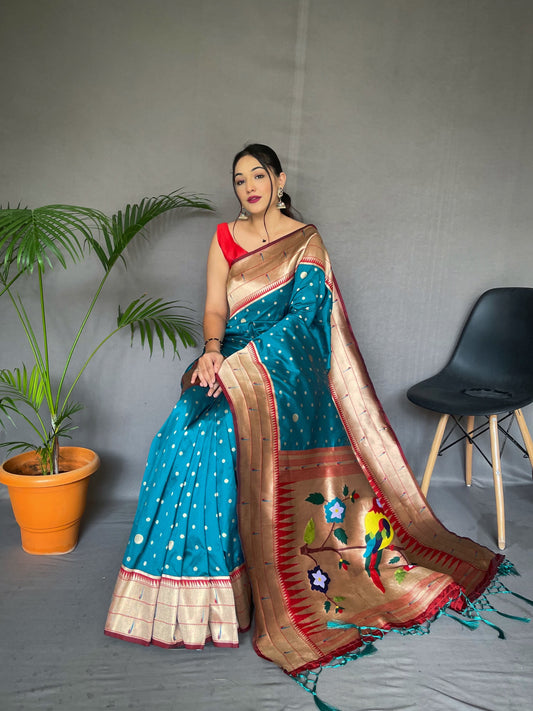 Wedding Wear Teal Blue Color Pure Paithani Silk Saree