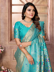 Wedding Wear Pista And Teal Blue Colour Paithani Banarasi Tissue Silk Sarees