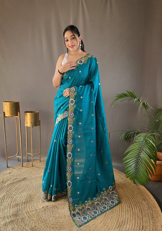 Awesome Teal Blue Color Matka Silk Saree