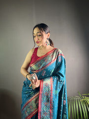 Preferable Teal Blue Color Rangeen Patola Silk Saree