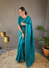 Presenting Ready To Wear Teal Blue Color Silk Saree