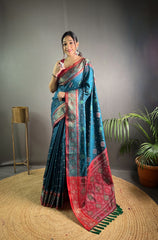 Preferable Teal Blue Color Rangeen Patola Silk Saree