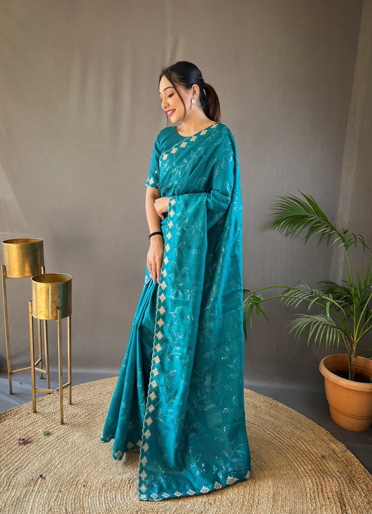 Presenting Ready To Wear Teal Blue Color Silk Saree