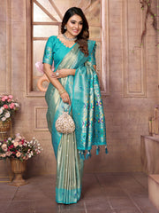 Wedding Wear Pista And Teal Blue Colour Paithani Banarasi Tissue Silk Sarees