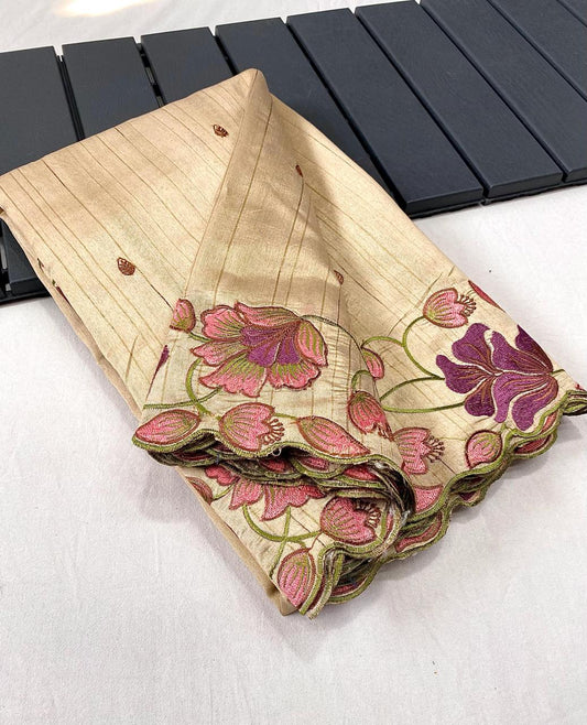 Decent Tussar Silk Cream Color Saree