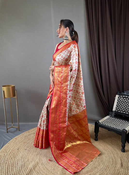 Glossy Zari Kanchi Style Weaving Cream Kanjivaram Saree