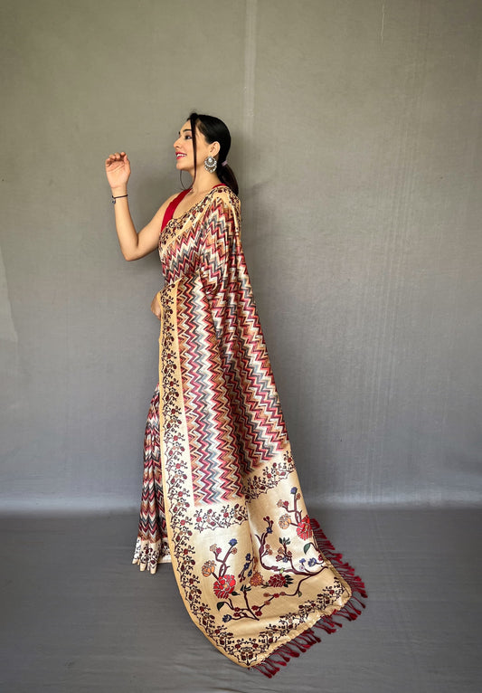 Kalamkari Fusion Print Red Color Silk Saree