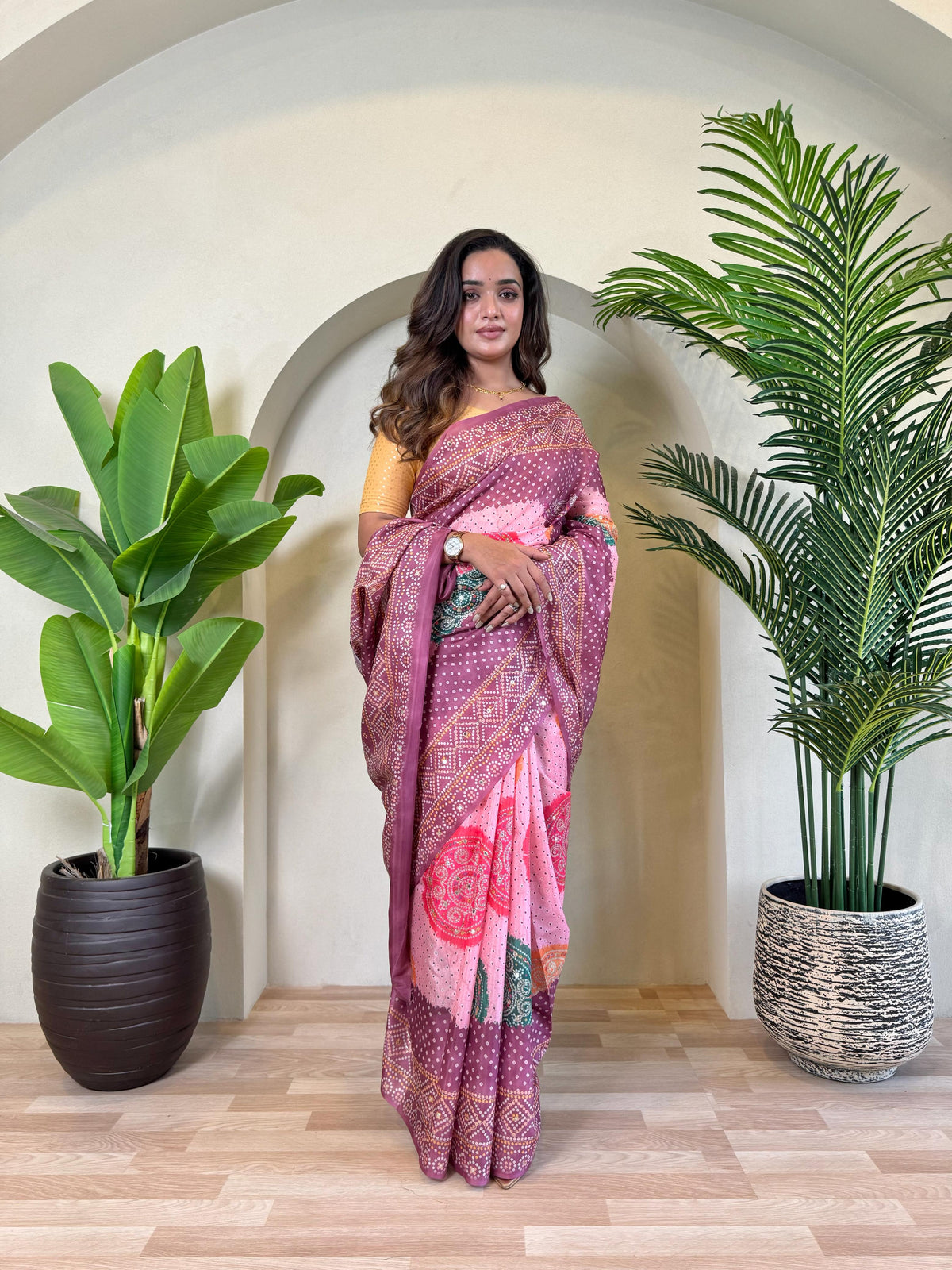 Adorable Bandhani Print Wine Color Saree