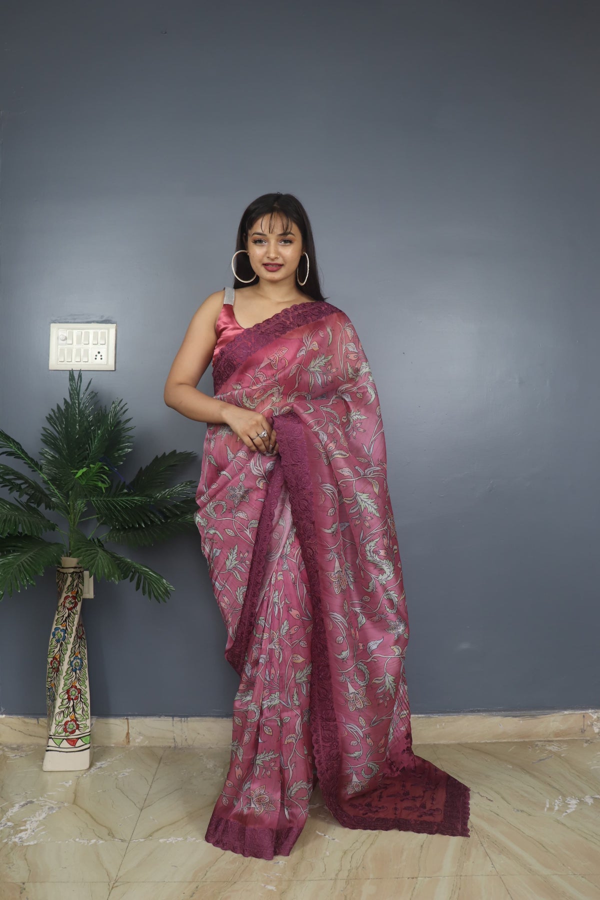 Gorgeous Organza Silk Kalamkari Print Wine Color Saree