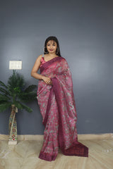 Gorgeous Organza Silk Kalamkari Print Wine Color Saree