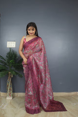 Gorgeous Organza Silk Kalamkari Print Wine Color Saree