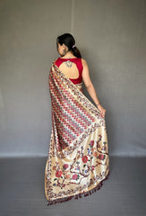 Kalamkari Fusion Print Red Color Silk Saree