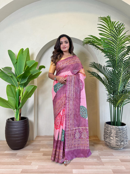 Adorable Bandhani Print Wine Color Saree