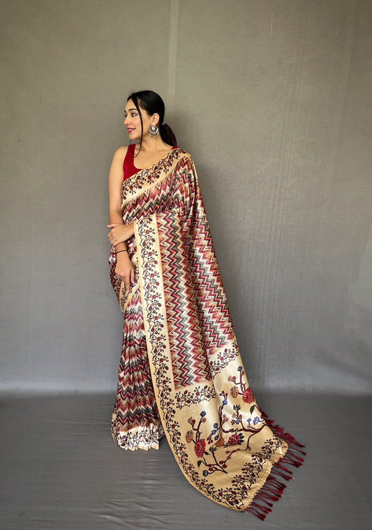 Kalamkari Fusion Print Red Color Silk Saree