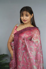 Gorgeous Organza Silk Kalamkari Print Wine Color Saree