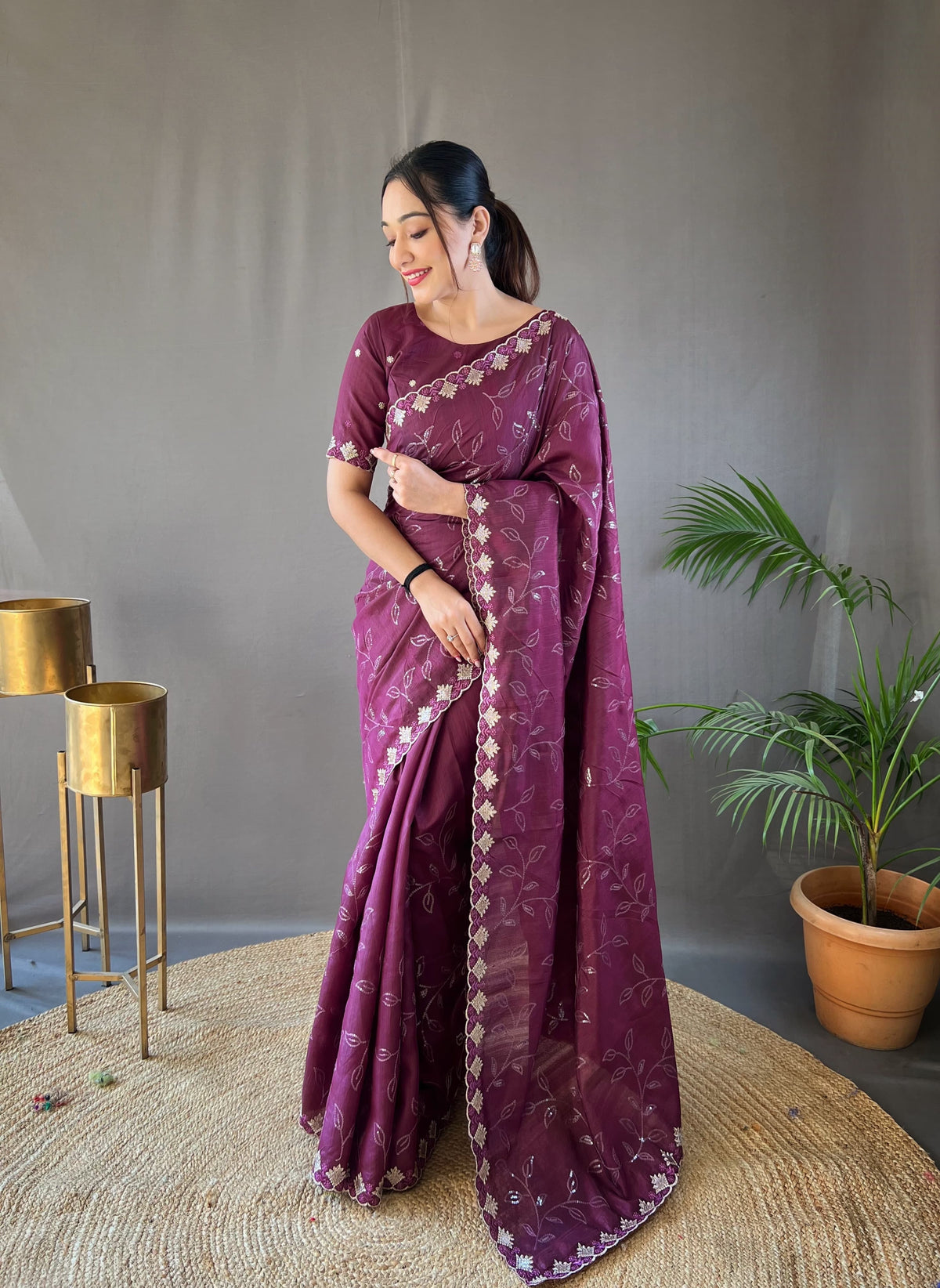 Presenting Ready To Wear Wine Color Silk Saree