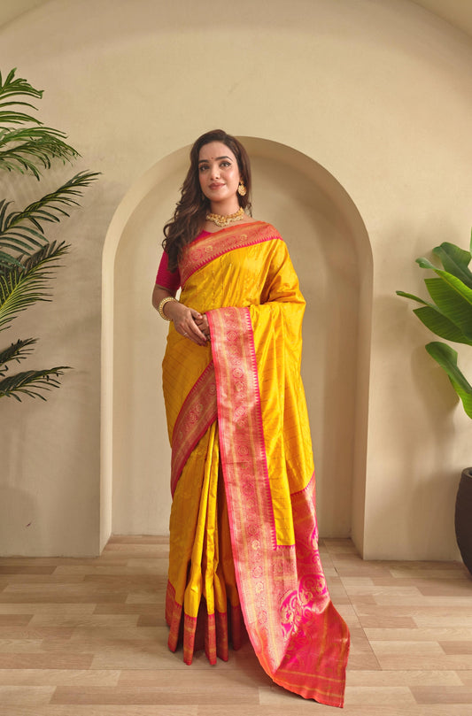 Festive Wear Yellow Color Rich Pallu Paithani Silk Saree